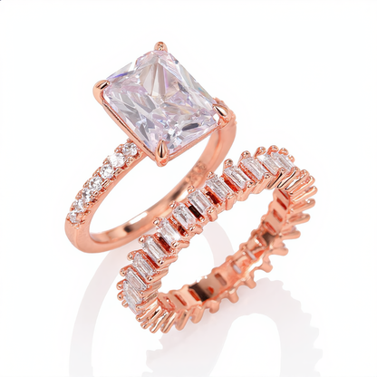 Princess Cut Stone and Crystal Band Ring Set | Rose Gold
