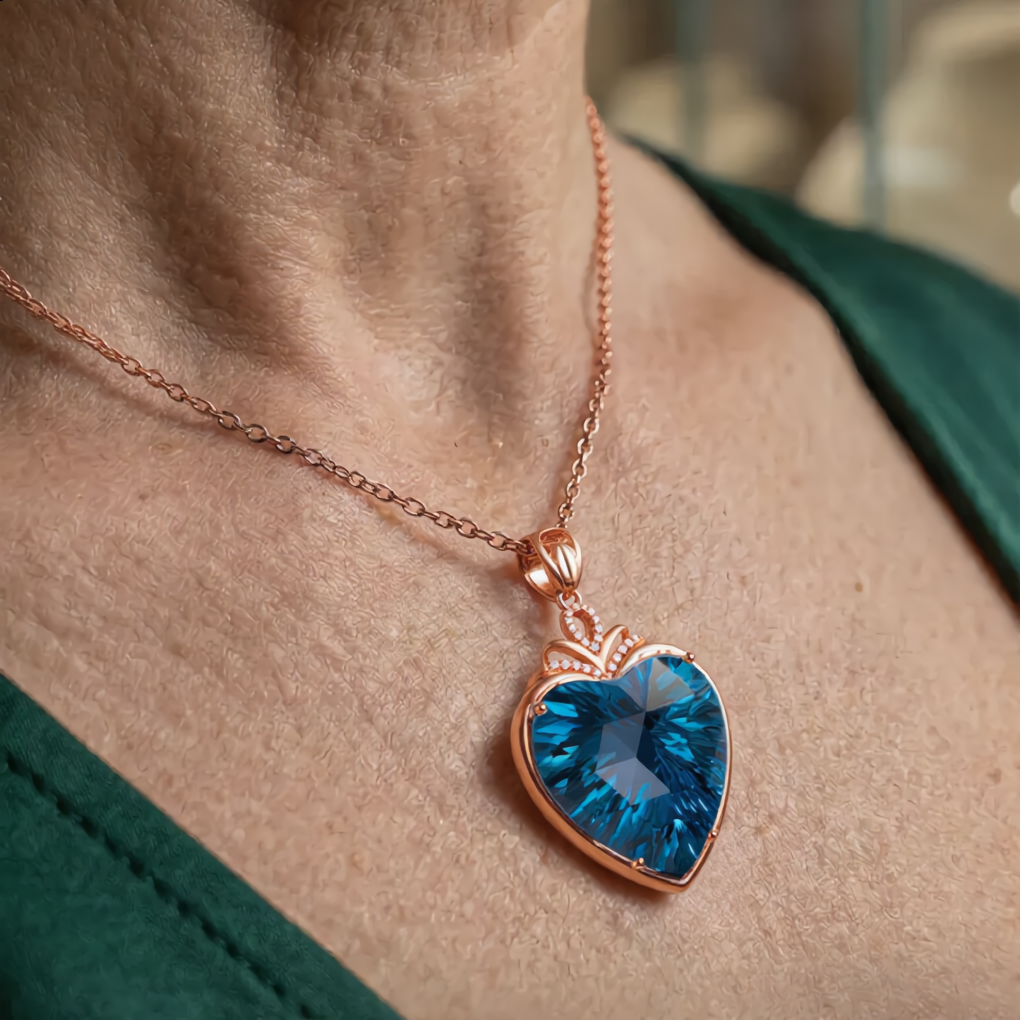 Sapphire Heart Crystal Necklace | Rose Gold