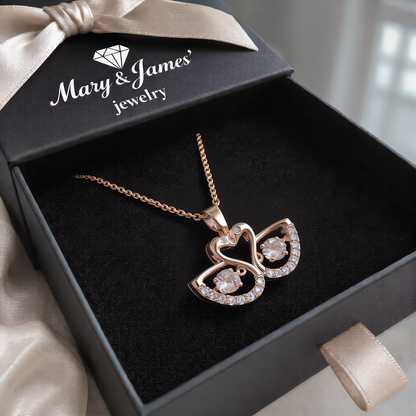Twin Swan Crystal Heart Necklace | Rose Gold