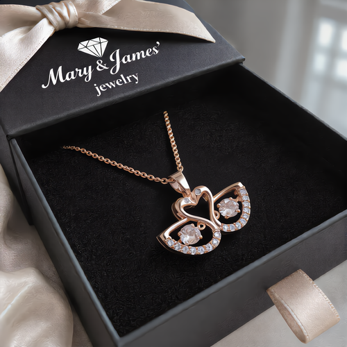 Twin Swan Crystal Heart Necklace | Rose Gold