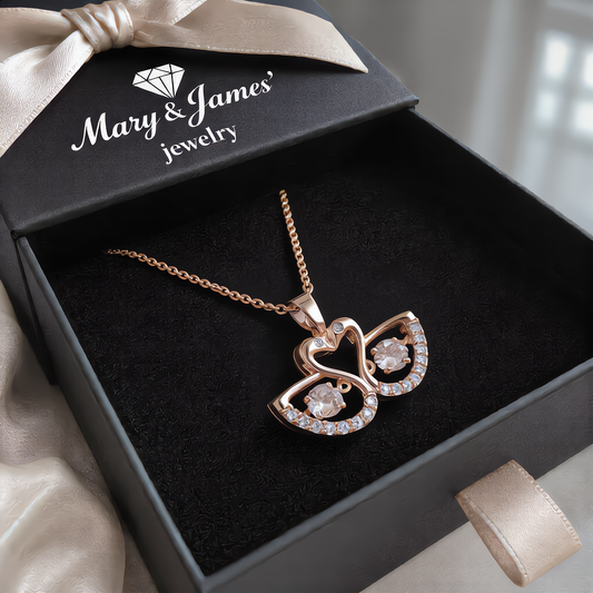 Twin Swan Crystal Heart Necklace | Rose Gold