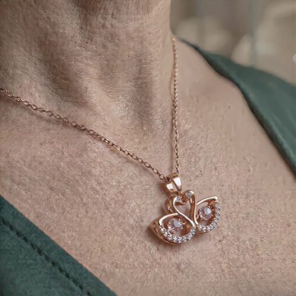 Twin Swan Crystal Heart Necklace | Rose Gold