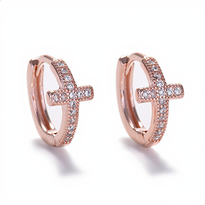 Crystal Cross Hoop Earrings | Rose Gold