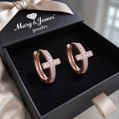 Crystal Cross Hoop Earrings | Rose Gold
