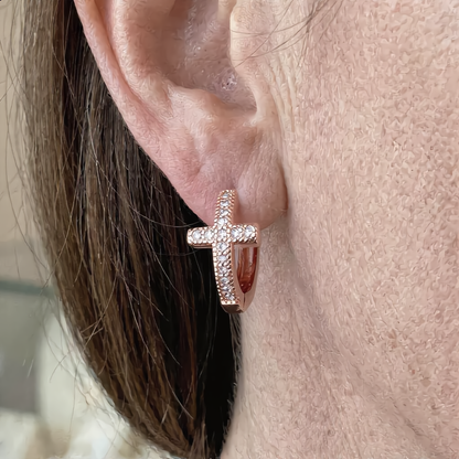 Crystal Cross Hoop Earrings | Rose Gold
