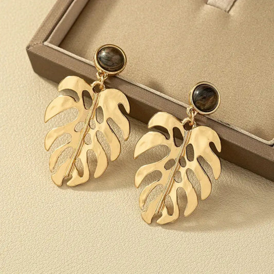 Dark Stone Golden Fern Earrings