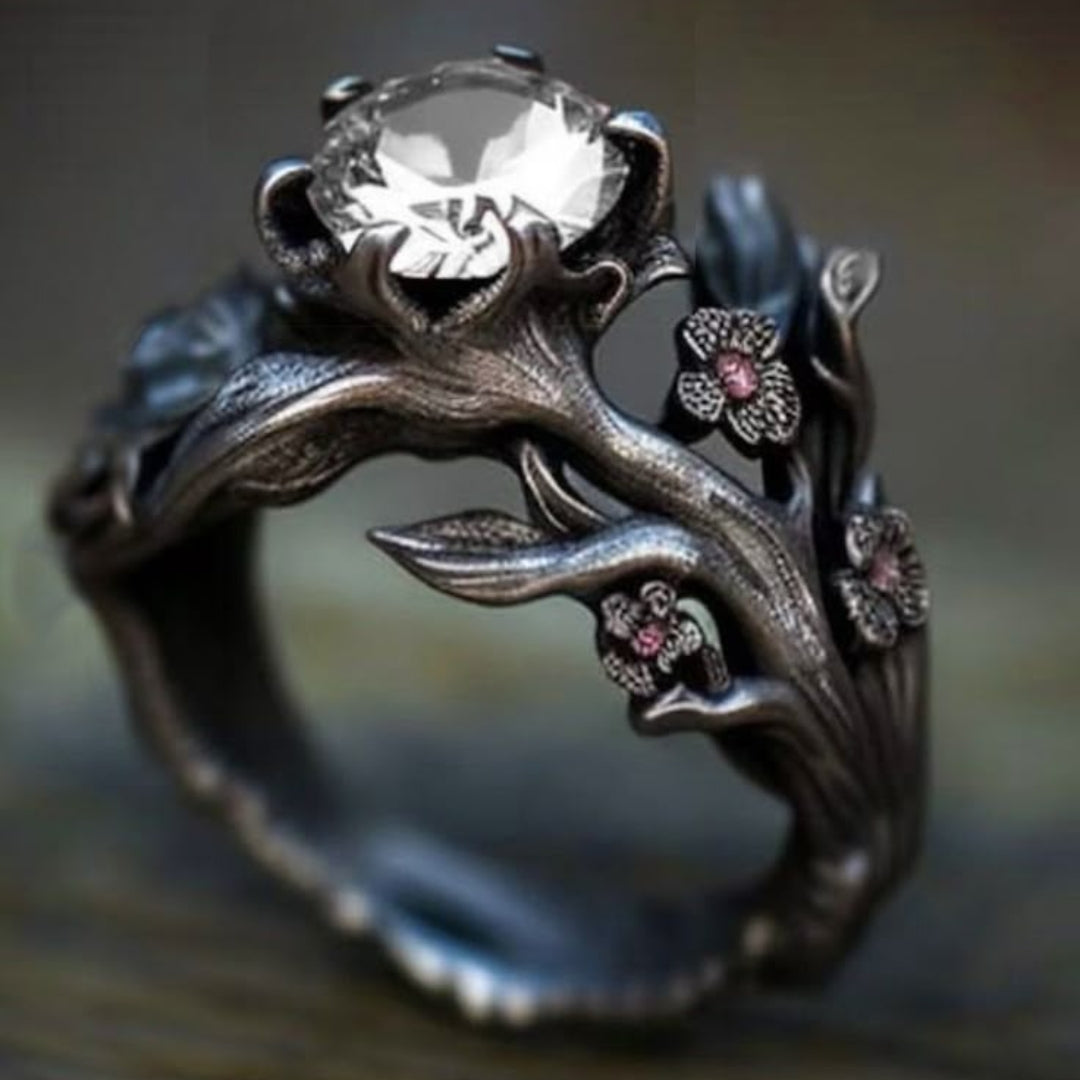 Exotic Floral Crystal Dark Silver Ring