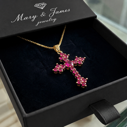 Pink Cluster Cross Necklace | Gold