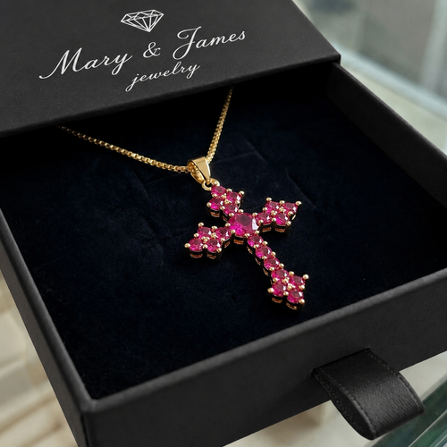 Pink Cluster Cross Necklace | Gold