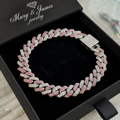 Pink Shimmer Cuban Bracelet | White Gold