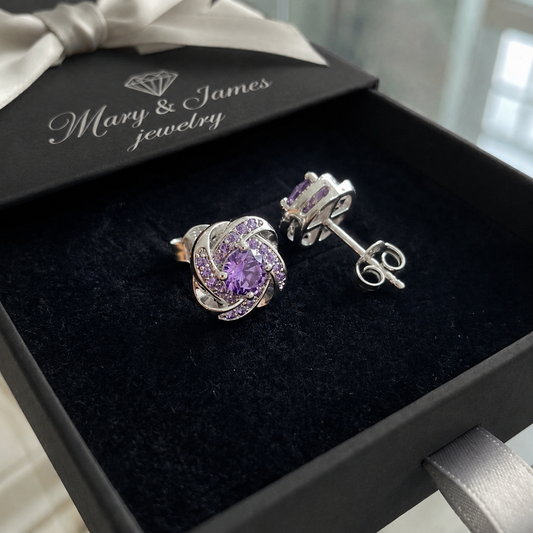 Purple Crystal Knot Earrings | White Gold